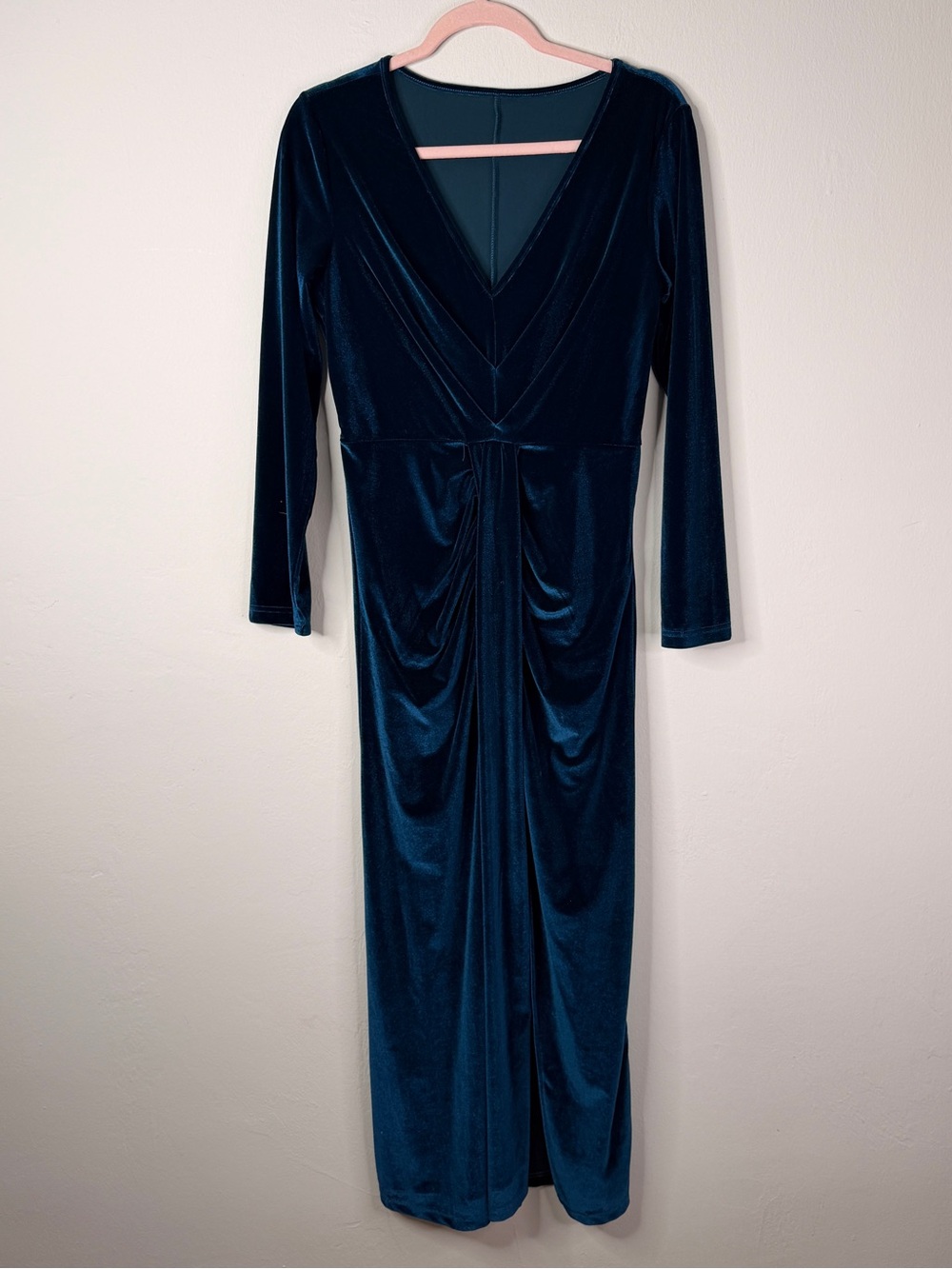 Elegant Teal Blue Velvet Long Sleeve Maxi Dress Twist Front Slit Size XL